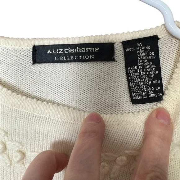 Liz‎ Claiborne Collection Cream Merino Wool Sweater Beaded Floral Embroidered M - Picture 5 of 10